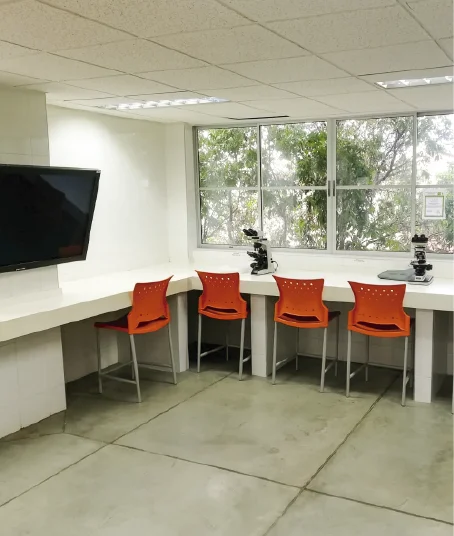 Es importante para la Escuela de Geología que conozcan las instalaciones que se tienen al servicio de los estudiantes y la comunidad universitaria. Foto tomada en el Laboratorio de Higiene Industrial, plano general donde se ven los puestos de trabajo, microscopios y una pantalla puesta en la pared.