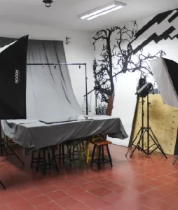 Photograph of the set showing the lights and a gray curtain