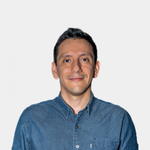 The photo was taken in the foreground, white background and Professor Nicolas Esteban Hernandez is located in the centre.