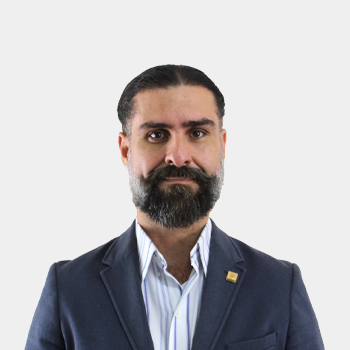 The photo was taken in the foreground, white background and Professor Carlos Muvdi Nova is located in the center.