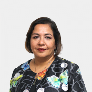 The photo was taken in the foreground, white background and the professor is located in the center.