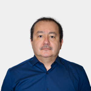 The photo was taken in the foreground, white background and the professor is located in the center.